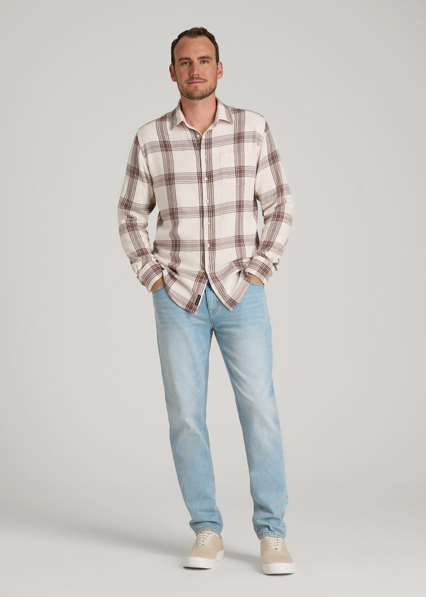 American Tall Men Nelson Flannel Shirt for Tall Men in Beige Plaid