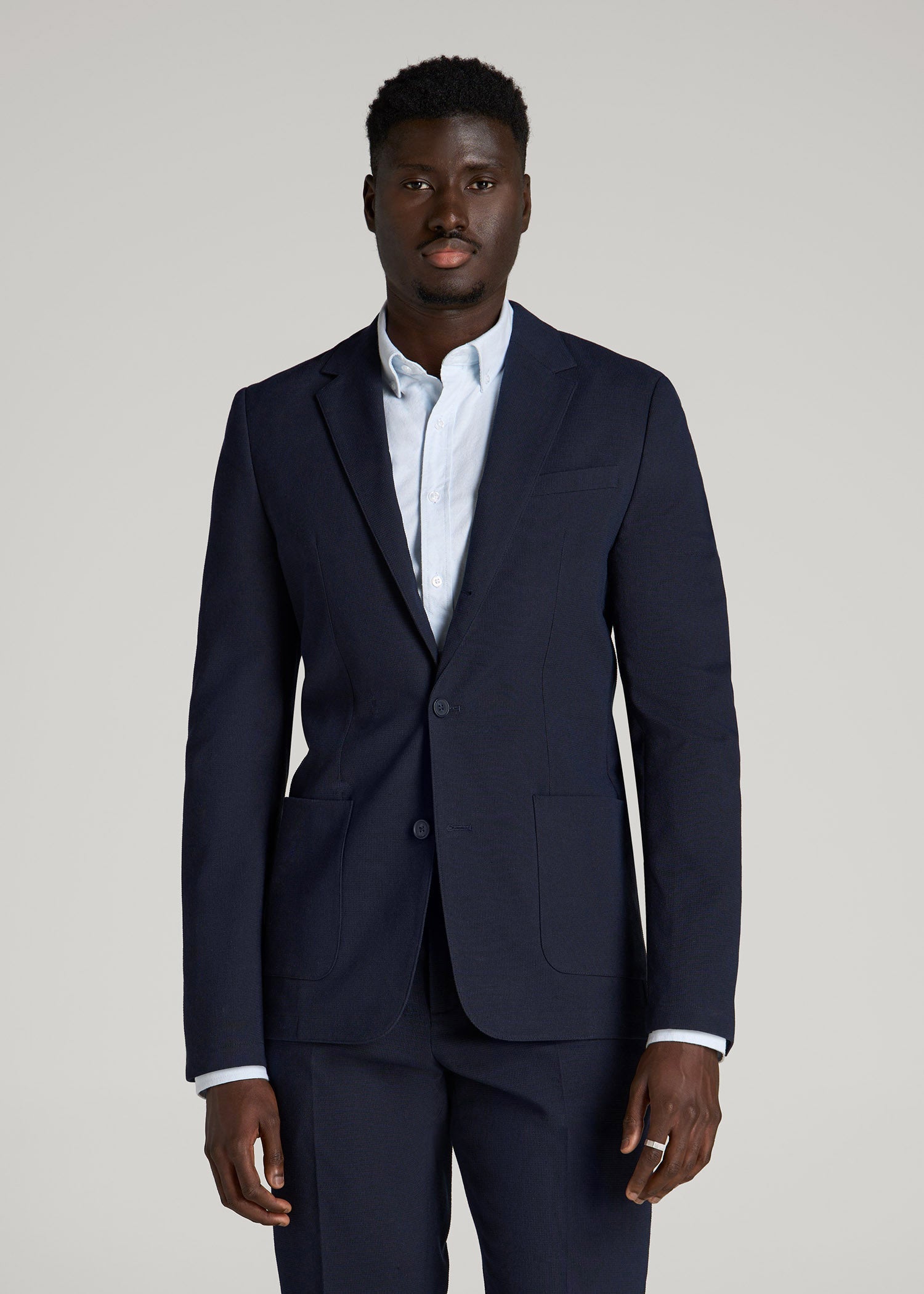 American Tall Men Textured Garment Washed Stretch Cotton Blazer for Tall Men in Evening Blue