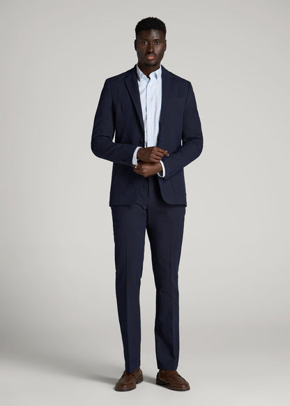 American Tall Men Textured Garment Washed Stretch Cotton Blazer for Tall Men in Evening Blue