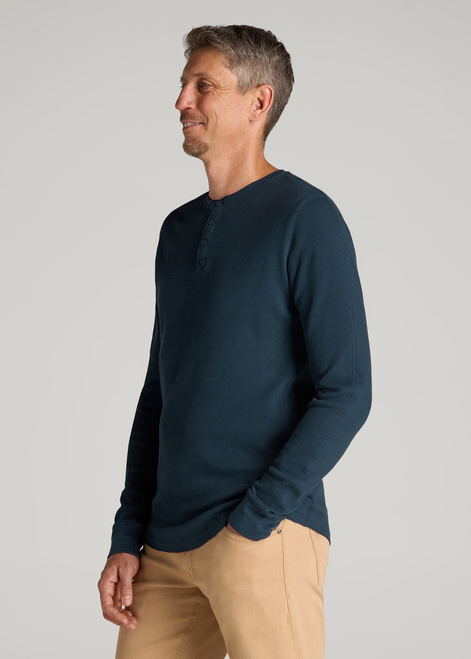 American Tall Men Double Honeycomb Thermal Long-Sleeve Henley Shirt for Tall Men in True Navy