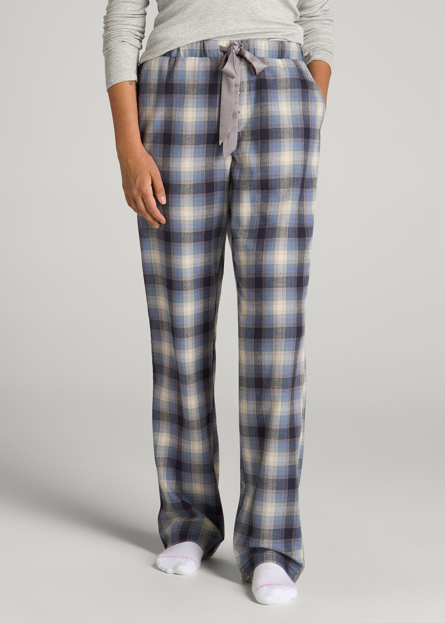 American Tall Men|Women Open-Bottom Flannel Pajama Pants for Tall Women in Blue and Grey Weave