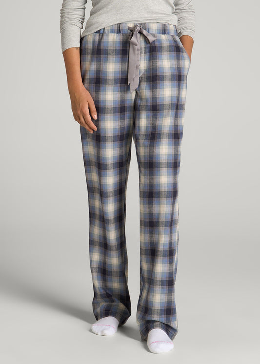 American Tall Men|Women Open-Bottom Flannel Pajama Pants for Tall Women in Blue and Grey Weave