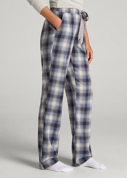American Tall Men|Women Open-Bottom Flannel Pajama Pants for Tall Women in Blue and Grey Weave