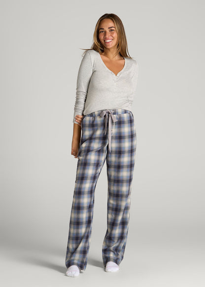 American Tall Men|Women Open-Bottom Flannel Pajama Pants for Tall Women in Blue and Grey Weave