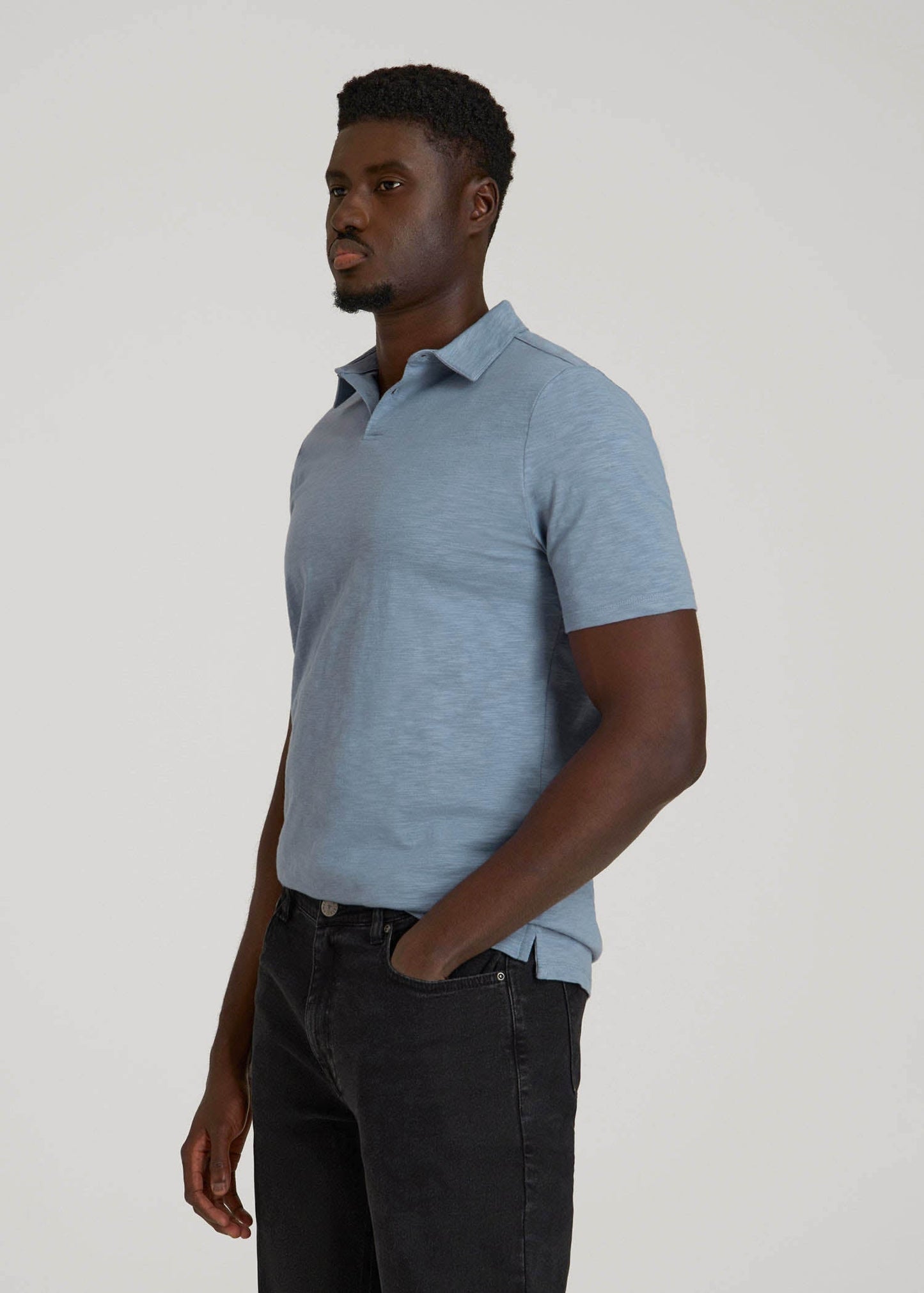 American Tall Men Slub Self Collar Polo Shirt for Tall Men in Chambray