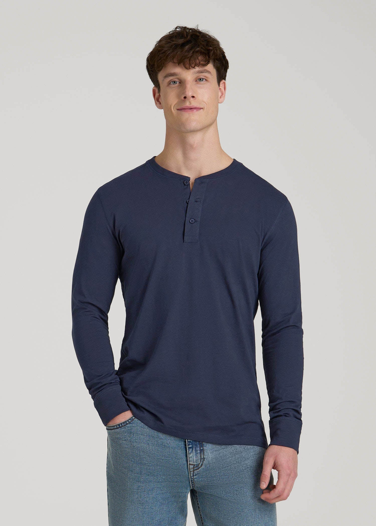 American Tall Men Three-Button Long Sleeve Slub Henley for Tall Men in Navy
