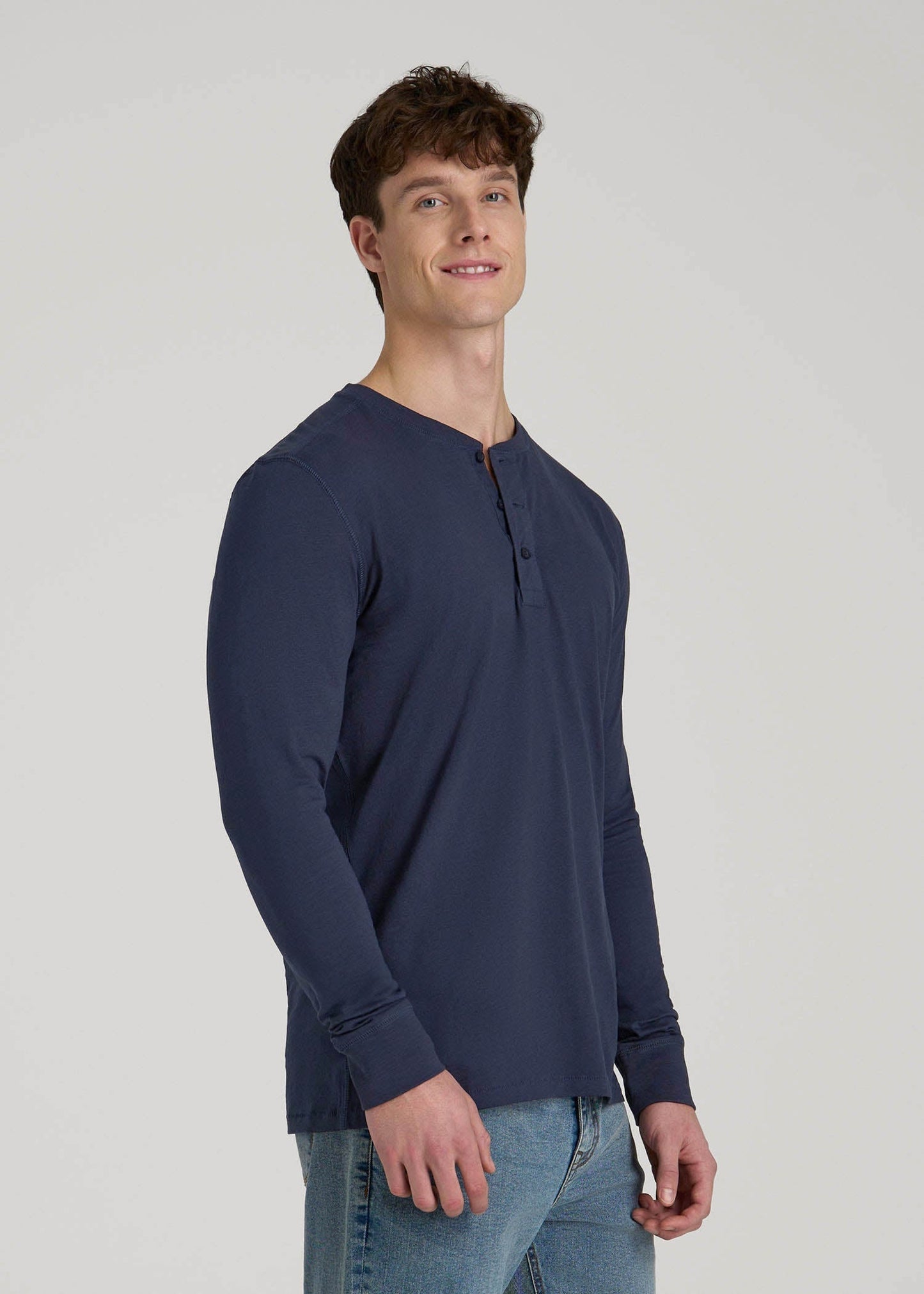 American Tall Men Three-Button Long Sleeve Slub Henley for Tall Men in Navy