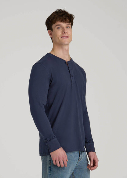 American Tall Men Three-Button Long Sleeve Slub Henley for Tall Men in Navy