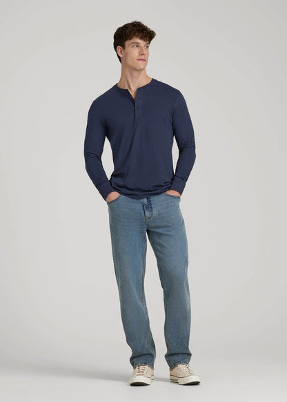 American Tall Men Three-Button Long Sleeve Slub Henley for Tall Men in Navy