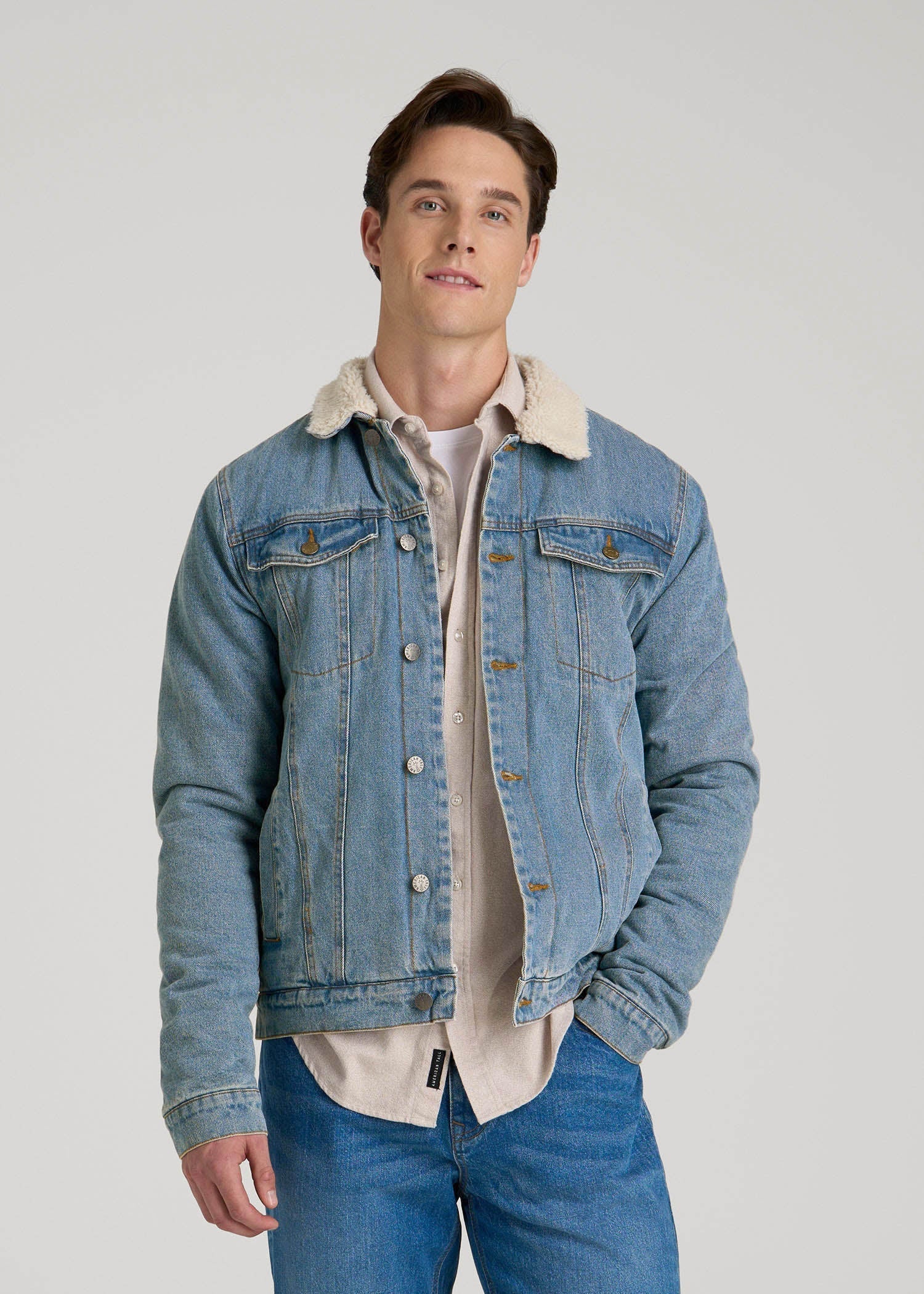 American Tall Men Denim Sherpa Jacket for Tall Men in Stonewash Blue