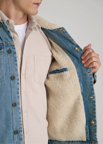 American Tall Men Denim Sherpa Jacket for Tall Men in Stonewash Blue