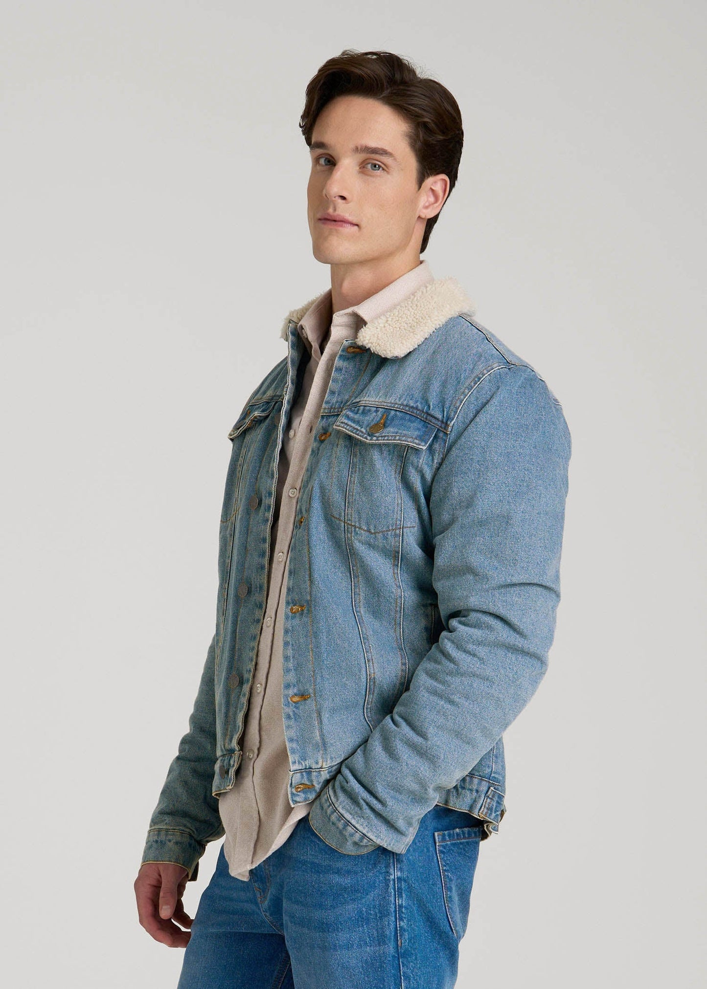 American Tall Men Denim Sherpa Jacket for Tall Men in Stonewash Blue