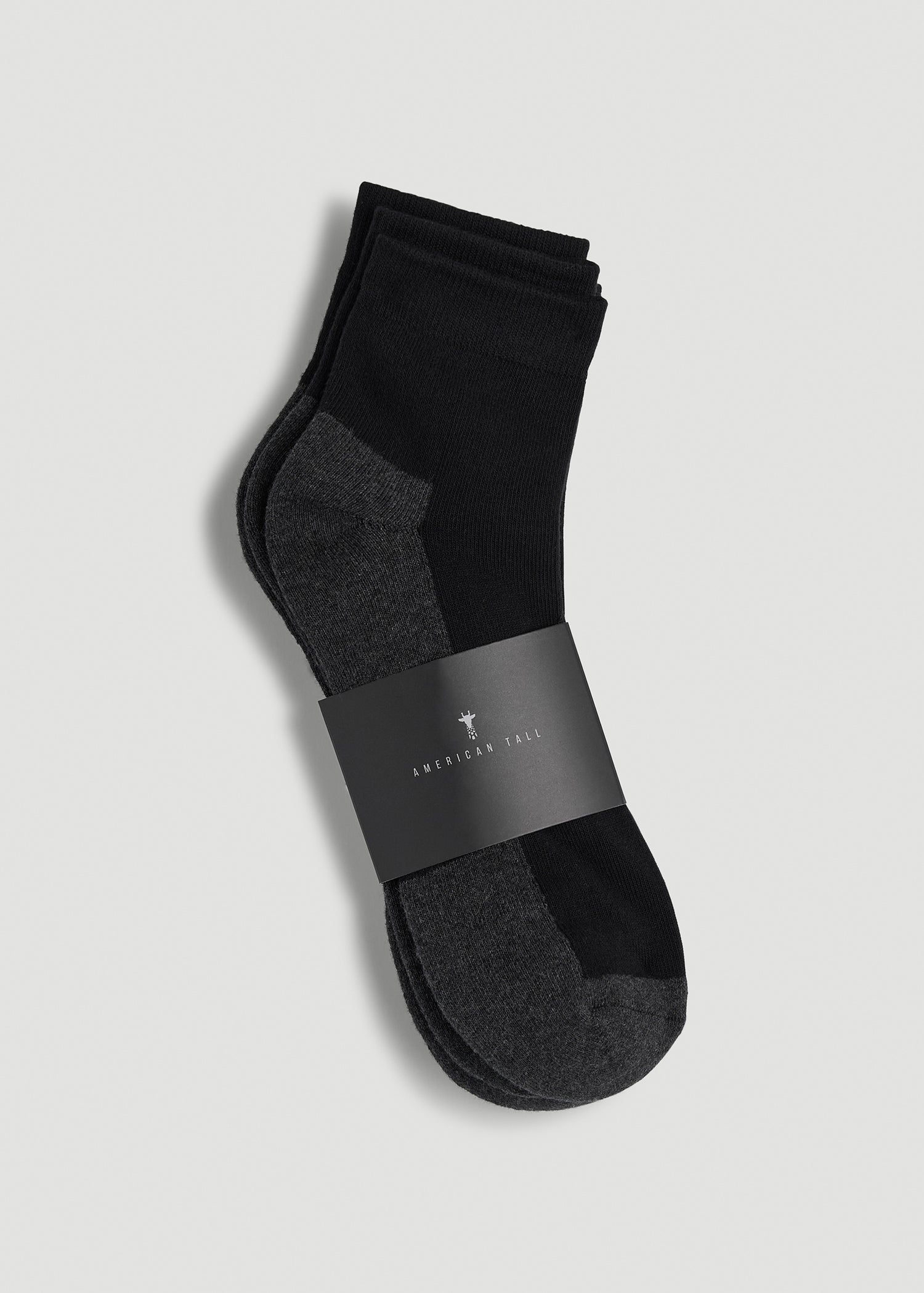 American Tall Men 3-Pack Quarter Socks for Tall Men in Black with Grey