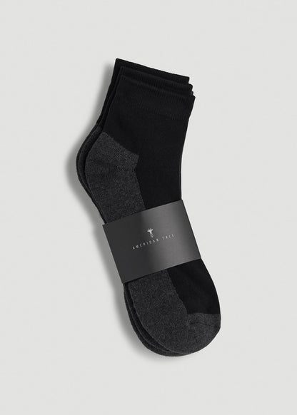 American Tall Men 3-Pack Quarter Socks for Tall Men in Black with Grey