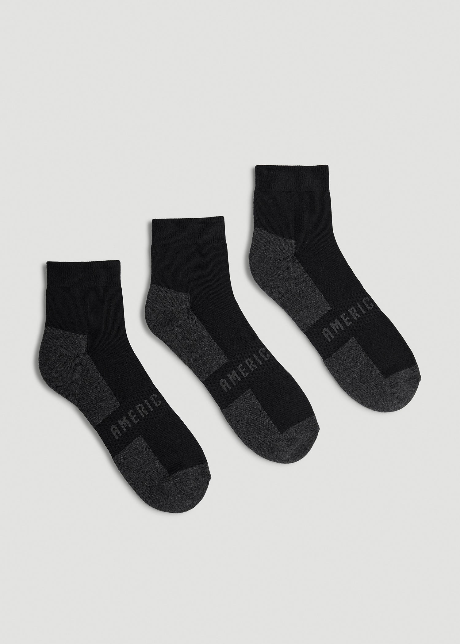 American Tall Men 3-Pack Quarter Socks for Tall Men in Black with Grey