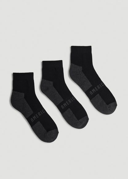 American Tall Men 3-Pack Quarter Socks for Tall Men in Black with Grey