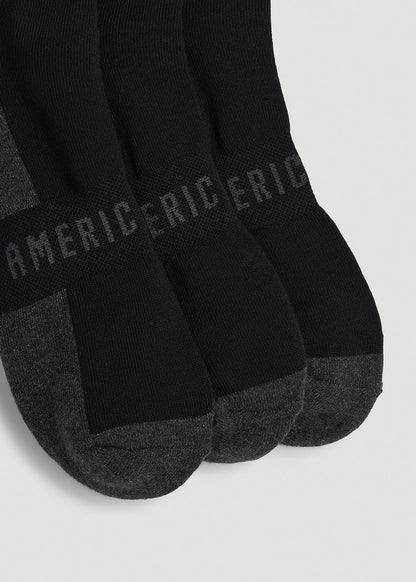 American Tall Men 3-Pack Quarter Socks for Tall Men in Black with Grey