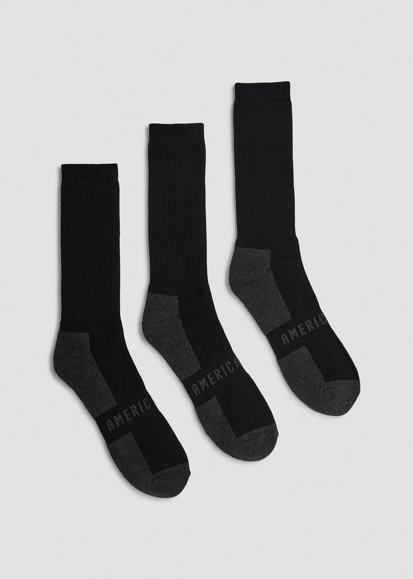 American Tall Men 3-Pack Crew Socks for Tall Men in Black with Grey