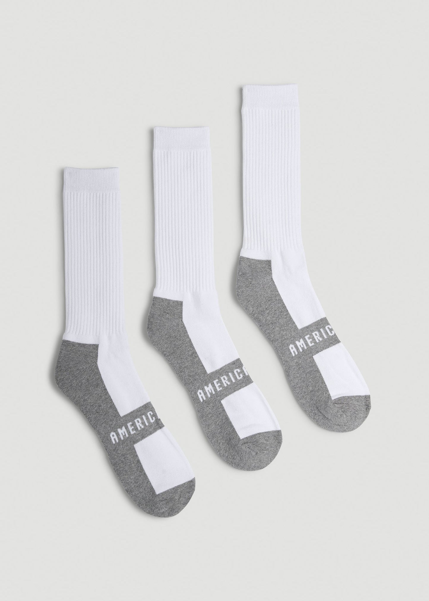 American Tall Men 3-Pack Crew Socks for Tall Men in White with Grey