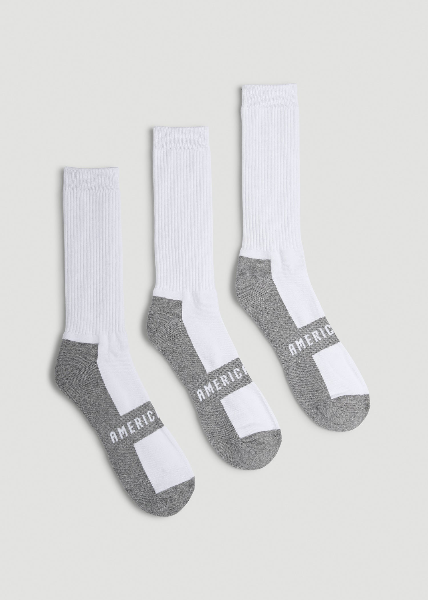American Tall Men 3-Pack Crew Socks for Tall Men in White with Grey