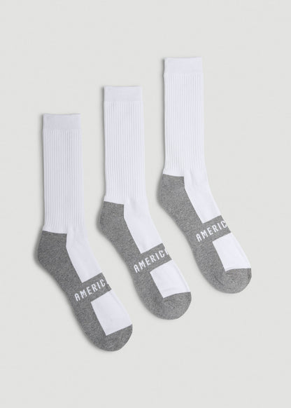 American Tall Men 3-Pack Crew Socks for Tall Men in White with Grey