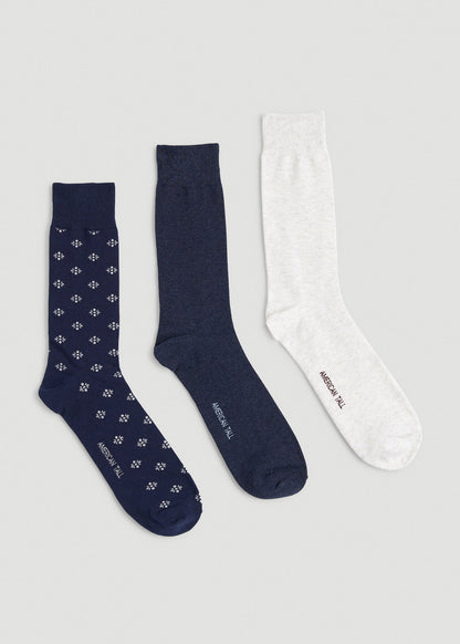 American Tall Men Dress Socks Size 14 to 17 (3-Pack) for Tall Men in Navy/White Sand