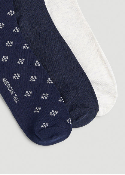 American Tall Men Dress Socks Size 14 to 17 (3-Pack) for Tall Men in Navy/White Sand