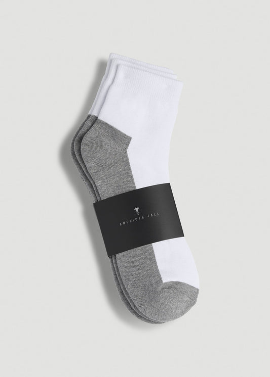American Tall Men 3-Pack Quarter Socks for Tall Men in White with Grey