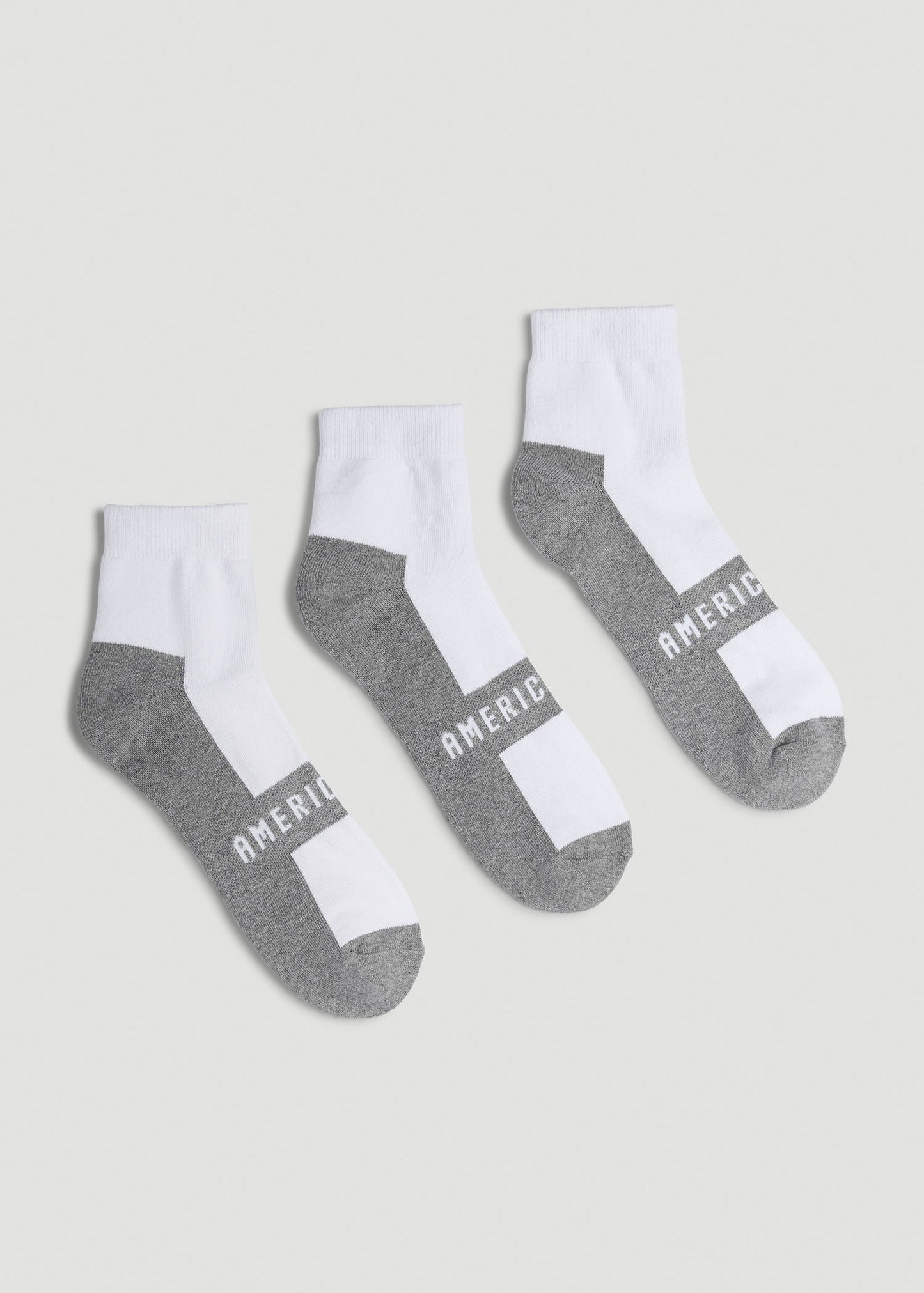 American Tall Men 3-Pack Quarter Socks for Tall Men in White with Grey