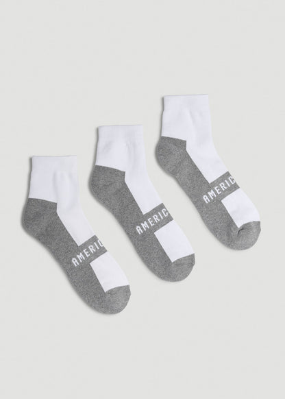American Tall Men 3-Pack Quarter Socks for Tall Men in White with Grey