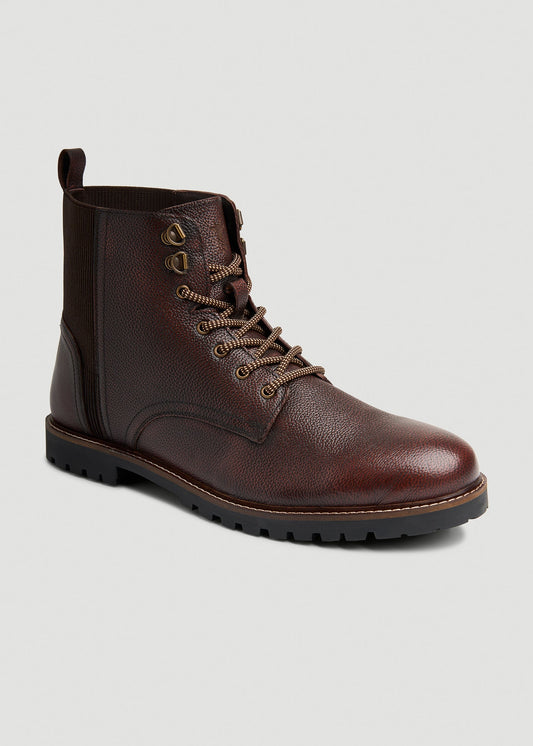 American Tall Men Pebbled Leather Lace-Up Boots for Tall Men in Dark Brown