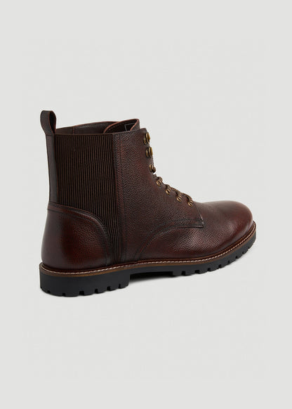American Tall Men Pebbled Leather Lace-Up Boots for Tall Men in Dark Brown