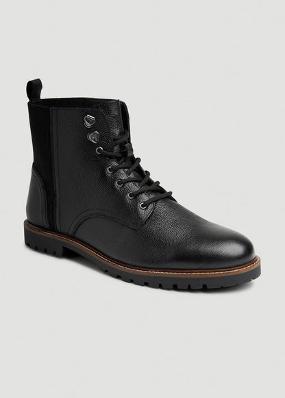 American Tall Men Pebbled Leather Lace-Up Boots for Tall Men in Black