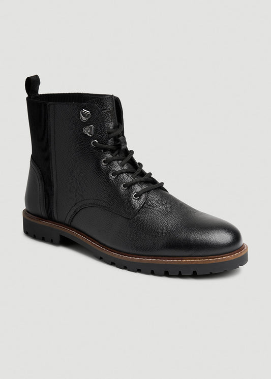 American Tall Men Pebbled Leather Lace-Up Boots for Tall Men in Black