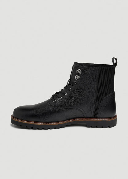 American Tall Men Pebbled Leather Lace-Up Boots for Tall Men in Black