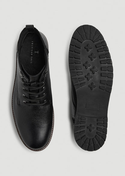 American Tall Men Pebbled Leather Lace-Up Boots for Tall Men in Black