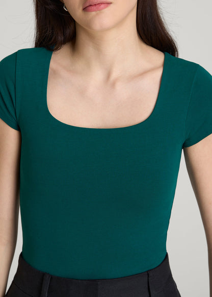 American Tall Women Cotton Blend Short Sleeve Square Neck Bodysuit for Tall Women in Deep Teal