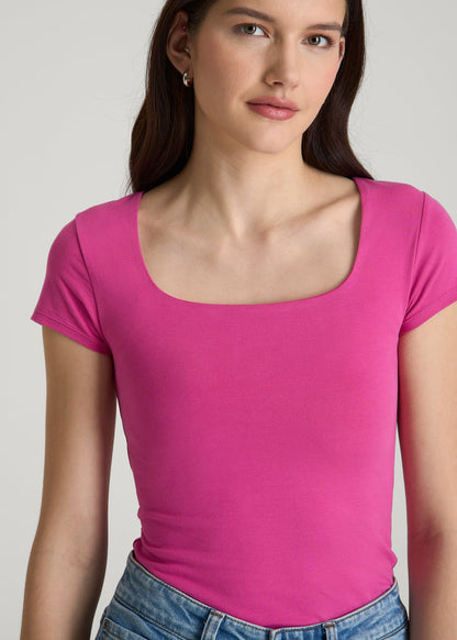American Tall Women Cotton Blend Short Sleeve Square Neck Bodysuit for Tall Women in Magenta