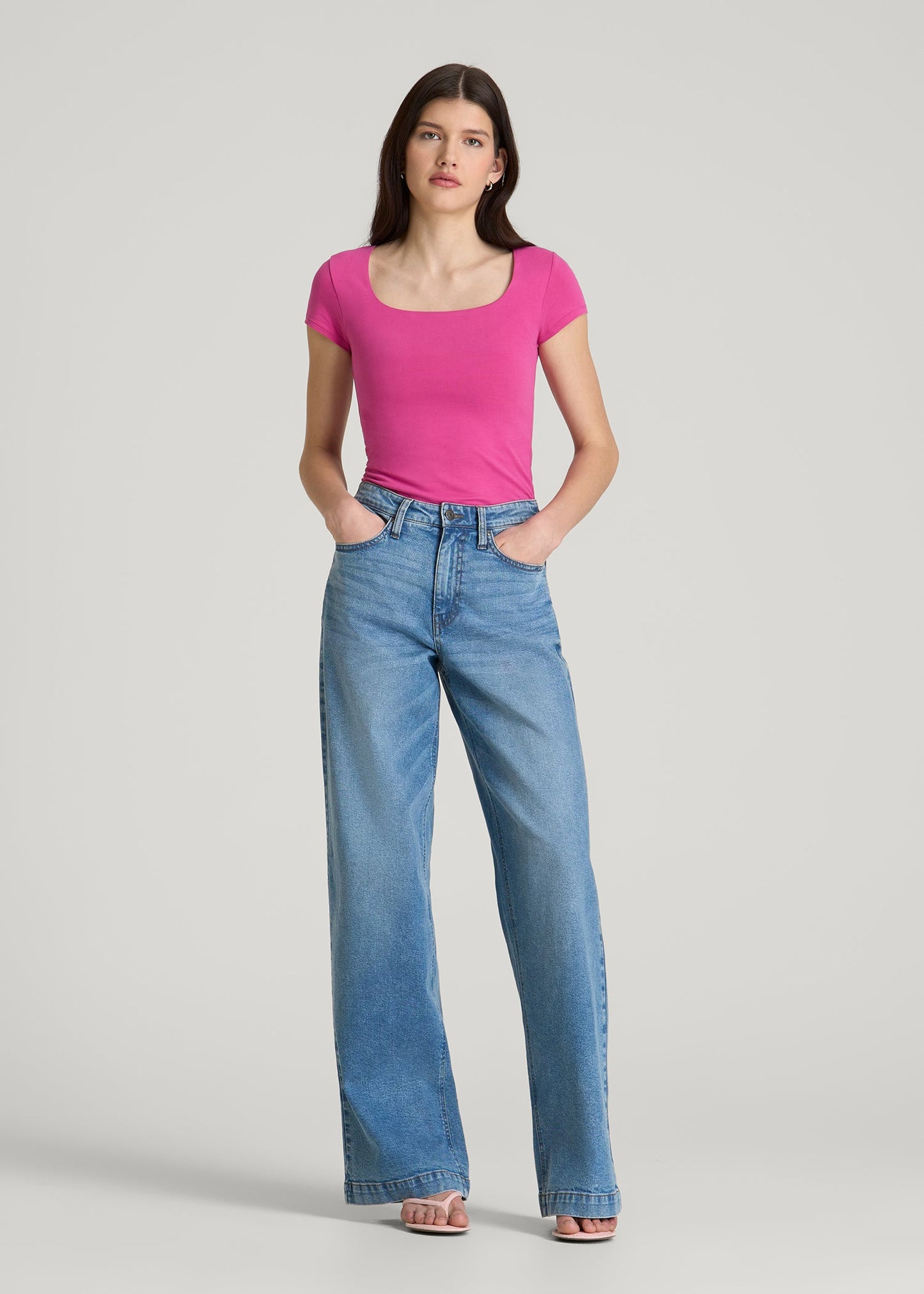 American Tall Women Cotton Blend Short Sleeve Square Neck Bodysuit for Tall Women in Magenta