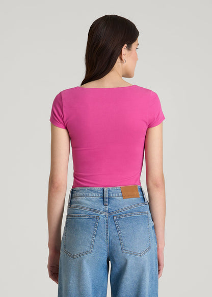 American Tall Women Cotton Blend Short Sleeve Square Neck Bodysuit for Tall Women in Magenta