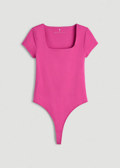 American Tall Women Cotton Blend Short Sleeve Square Neck Bodysuit for Tall Women in Magenta
