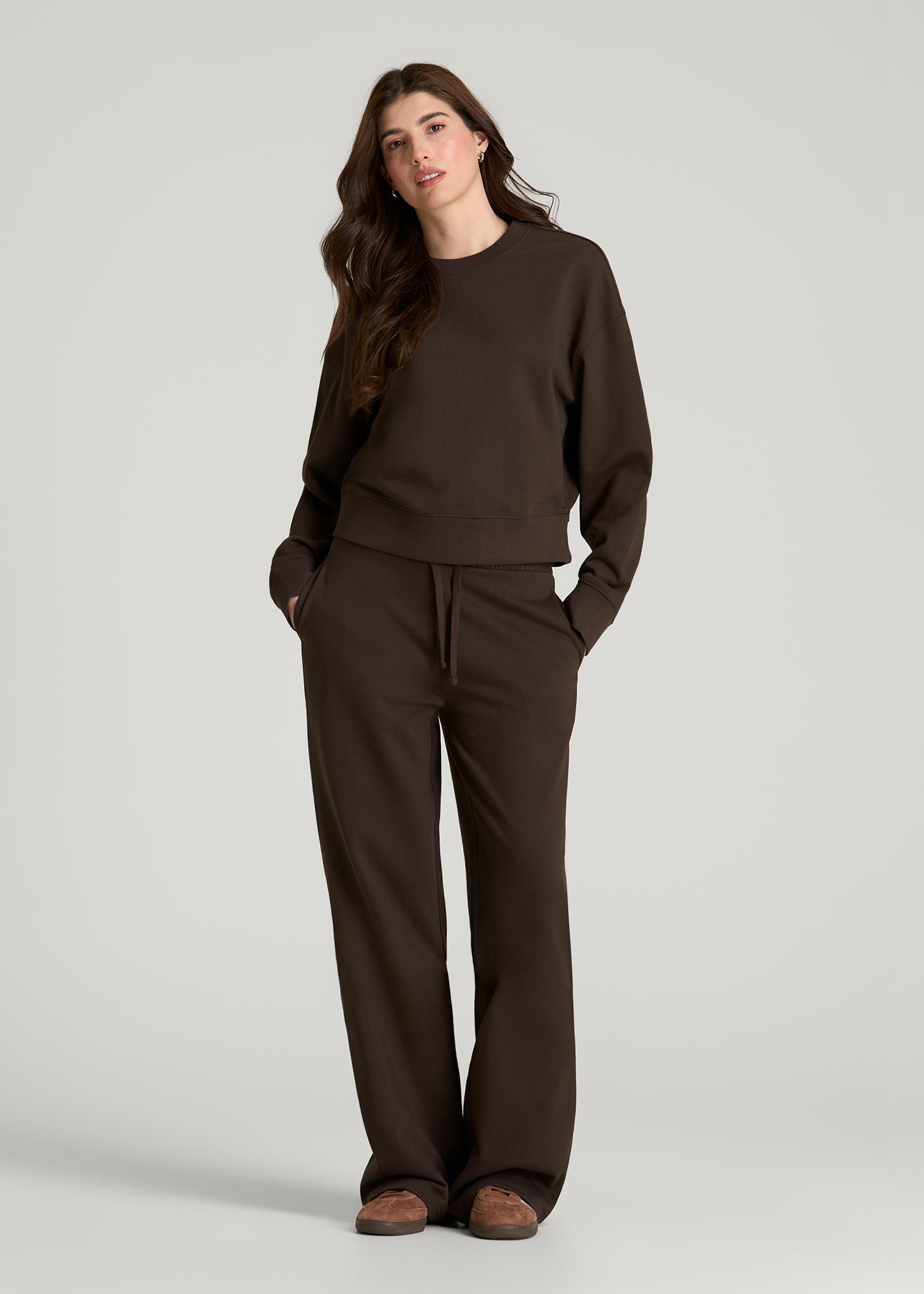 American Tall Women Everyday Terry Midrise Wide Leg Pants for Tall Women in Espresso