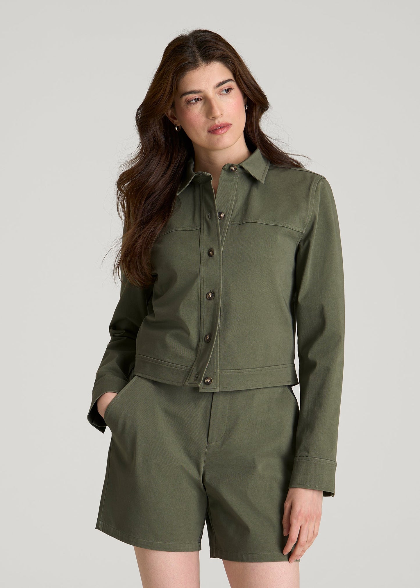 American Tall Women Stretch Commuter Military Cropped Cargo Jacket for Tall Women in Olive
