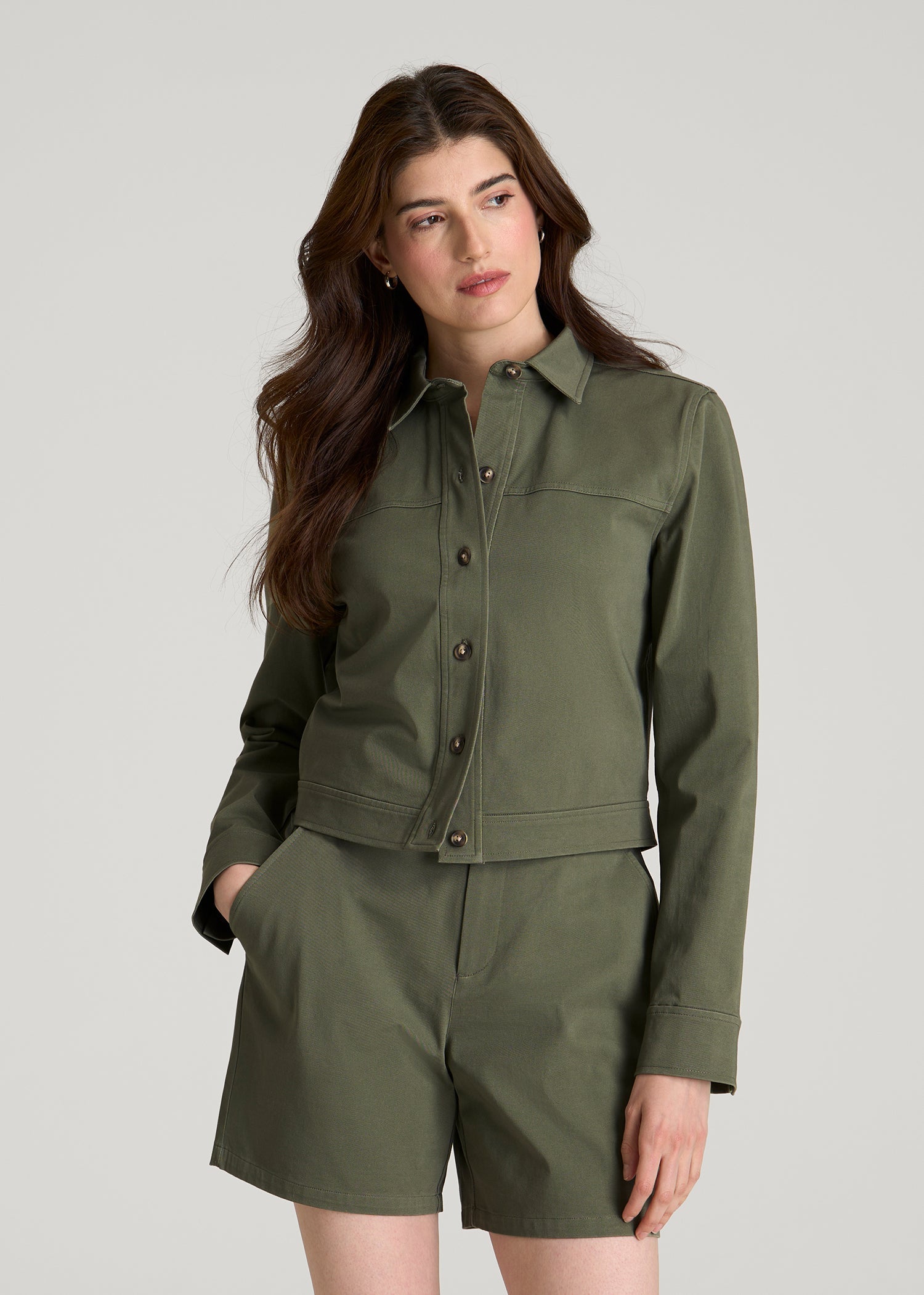 American Tall Women Stretch Commuter Military Cropped Cargo Jacket for Tall Women in Olive