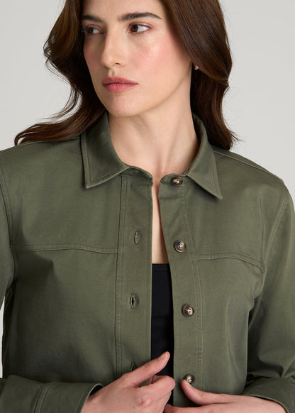 American Tall Women Stretch Commuter Military Cropped Cargo Jacket for Tall Women in Olive