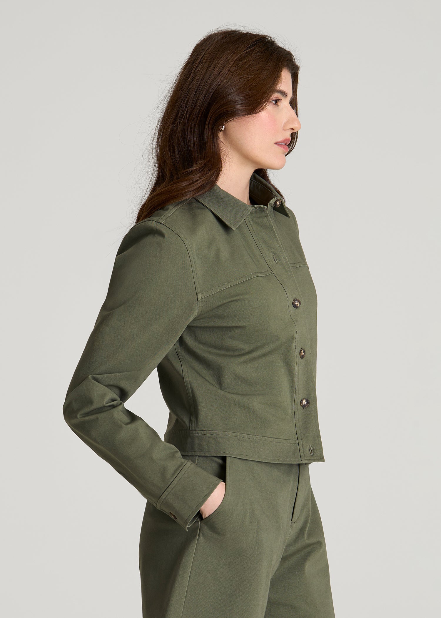 American Tall Women Stretch Commuter Military Cropped Cargo Jacket for Tall Women in Olive