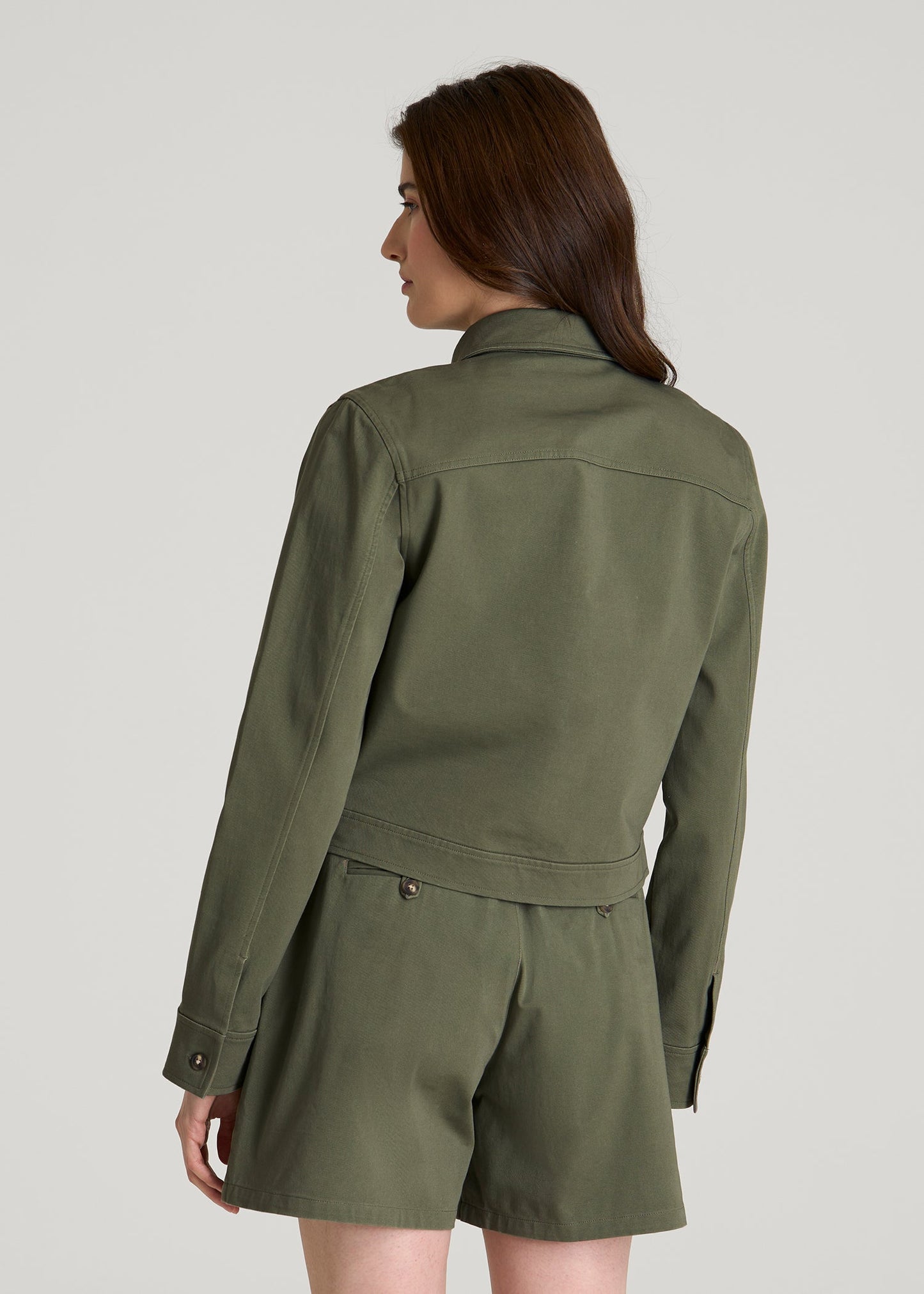 American Tall Women Stretch Commuter Military Cropped Cargo Jacket for Tall Women in Olive