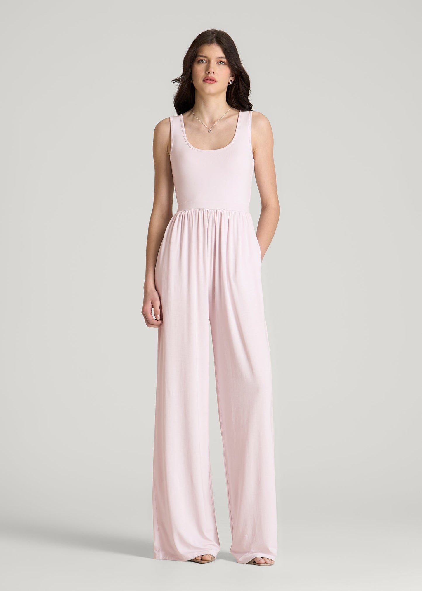 American Tall Women Jersey Tank wide leg jumpsuit with pockets for Tall Women in Grey Lilac