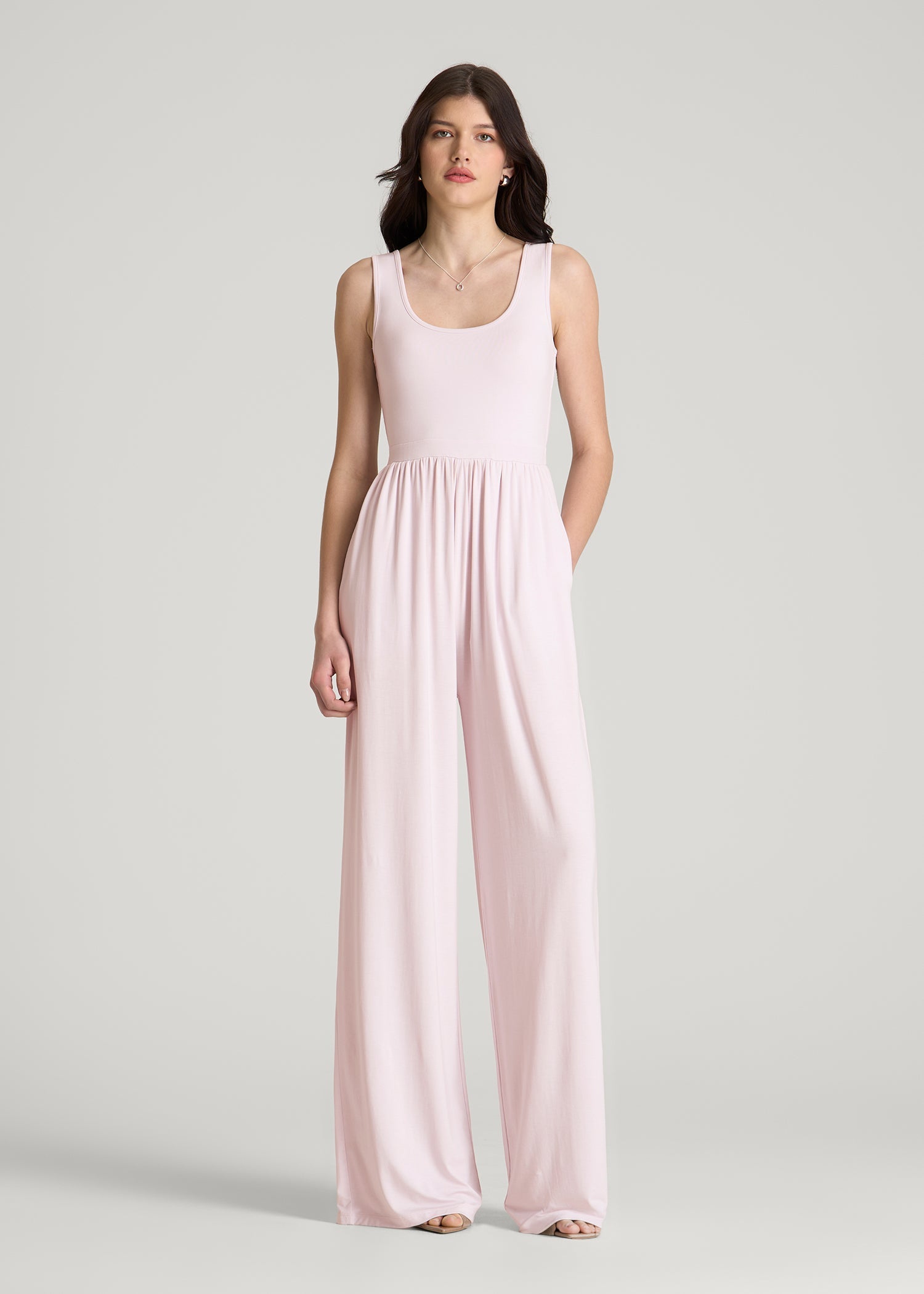 American Tall Women Jersey Tank wide leg jumpsuit with pockets for Tall Women in Grey Lilac