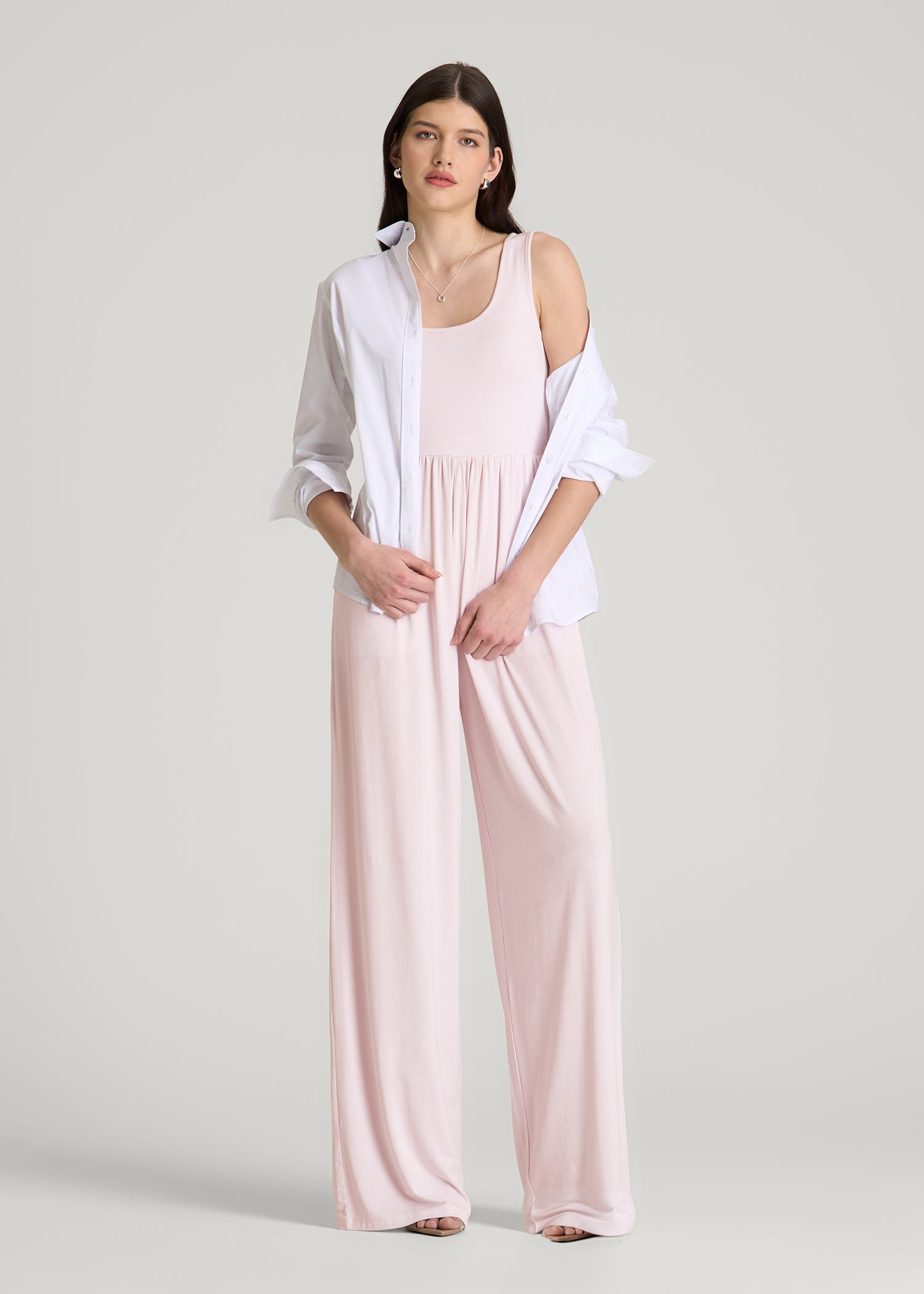 American Tall Women Jersey Tank wide leg jumpsuit with pockets for Tall Women in Grey Lilac
